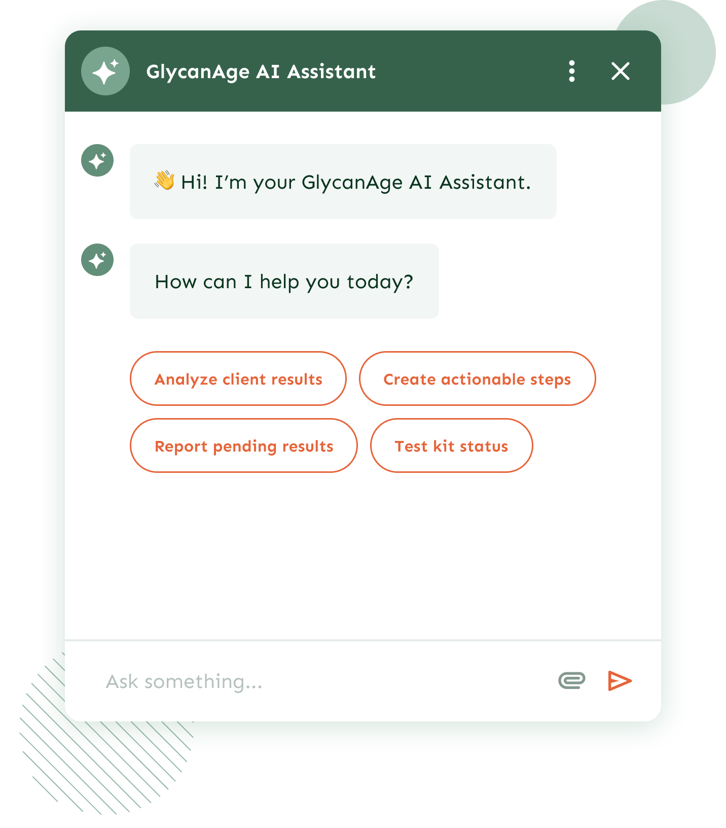 Screenshot of the GlycanAge AI Assistant chat window showing a greeting message and four action buttons: Analyze client results, Create actionable steps, Report pending results, and Test kit status.