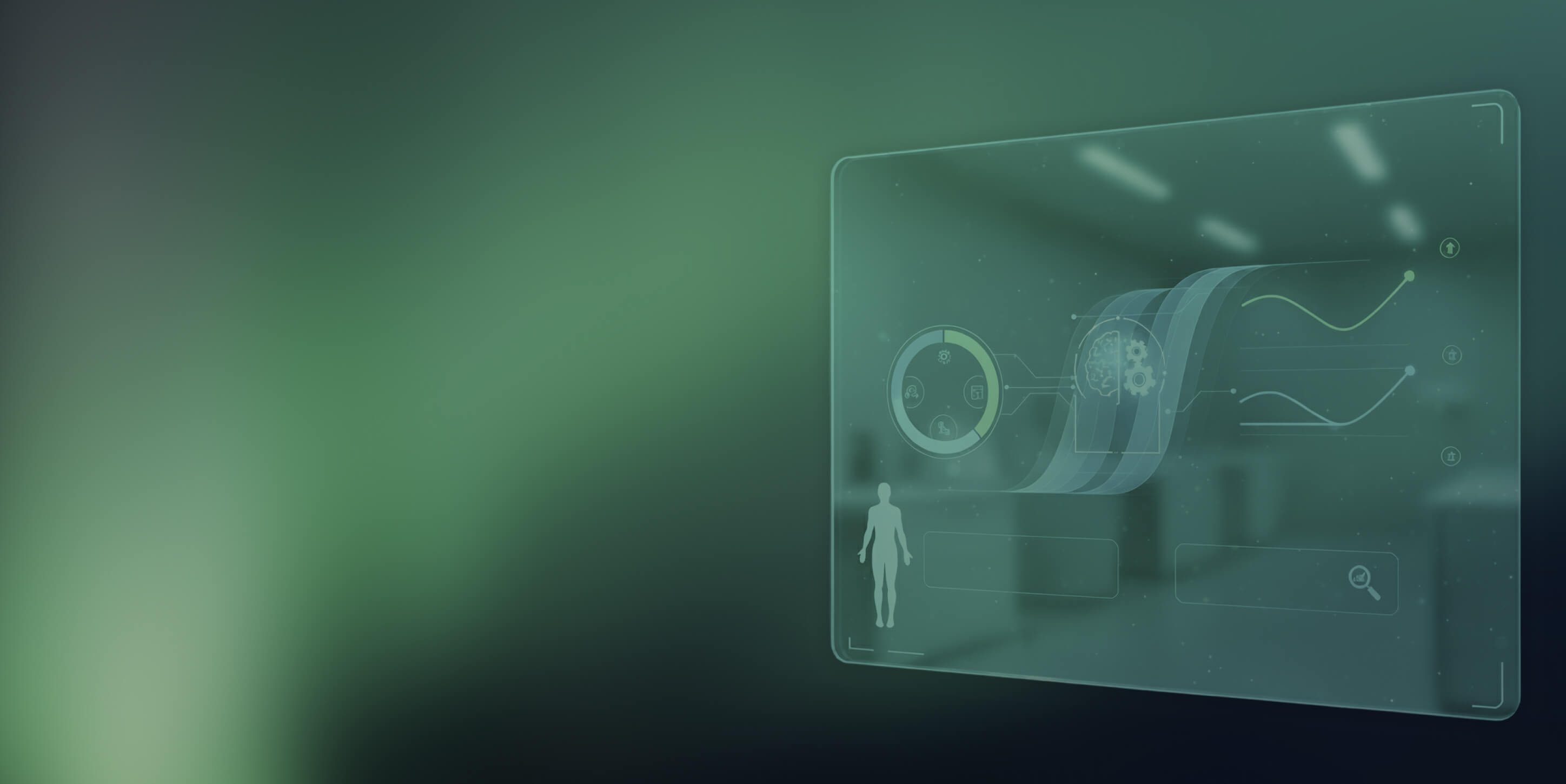 Futuristic medical interface showing a digital hormone dashboard with body silhouette, data charts, and biological graphics on a translucent screen in a clinical lab environment.
