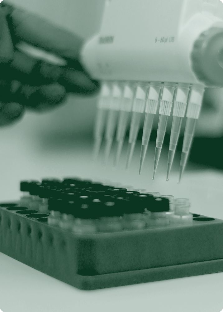 Laboratory technician using a multi-channel pipette to fill test tubes in a sample tray