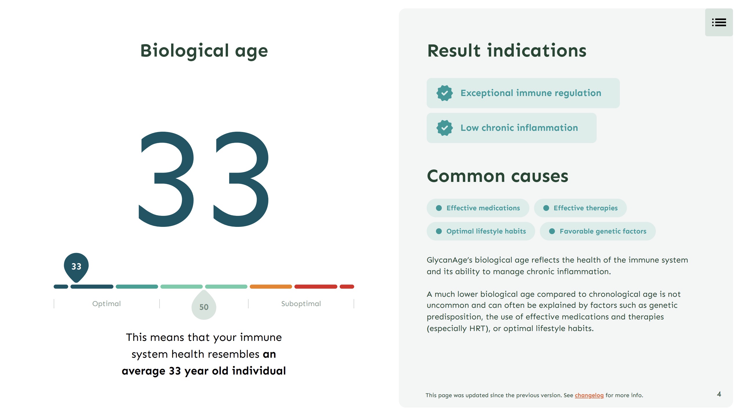 Preview of a GlycanAge personal report showing biological age and result indications