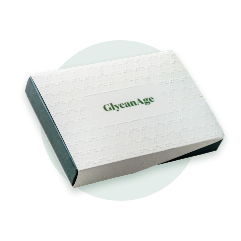 GlycanAge test kit box with a click icon indicating order or activation
