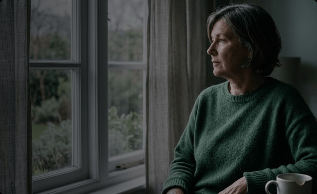 Woman sitting by a window, looking pensive