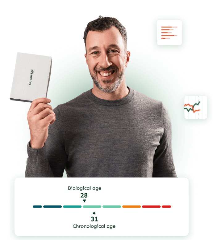 GlycanAge customer holding the test kit, with a biological age result